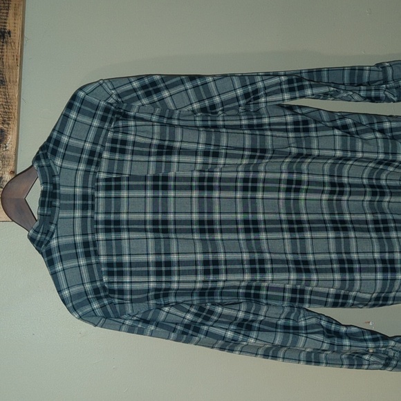 Eddie Bauer Button Down Shirt. Green, Gray, and White plaid pattern. - Picture 3 of 3